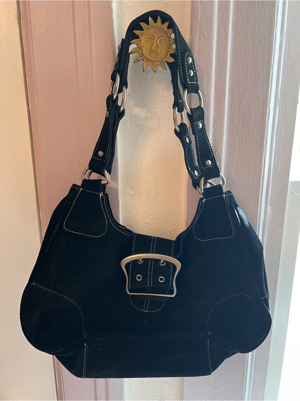 silence + noise Black Suede Shoulder Bag with Buckle Detail